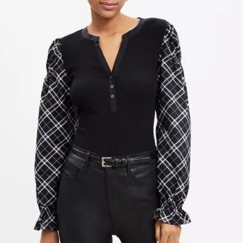 NWT Loft Puff Sleeve Plaid Mixed Media Henley Black White Medium